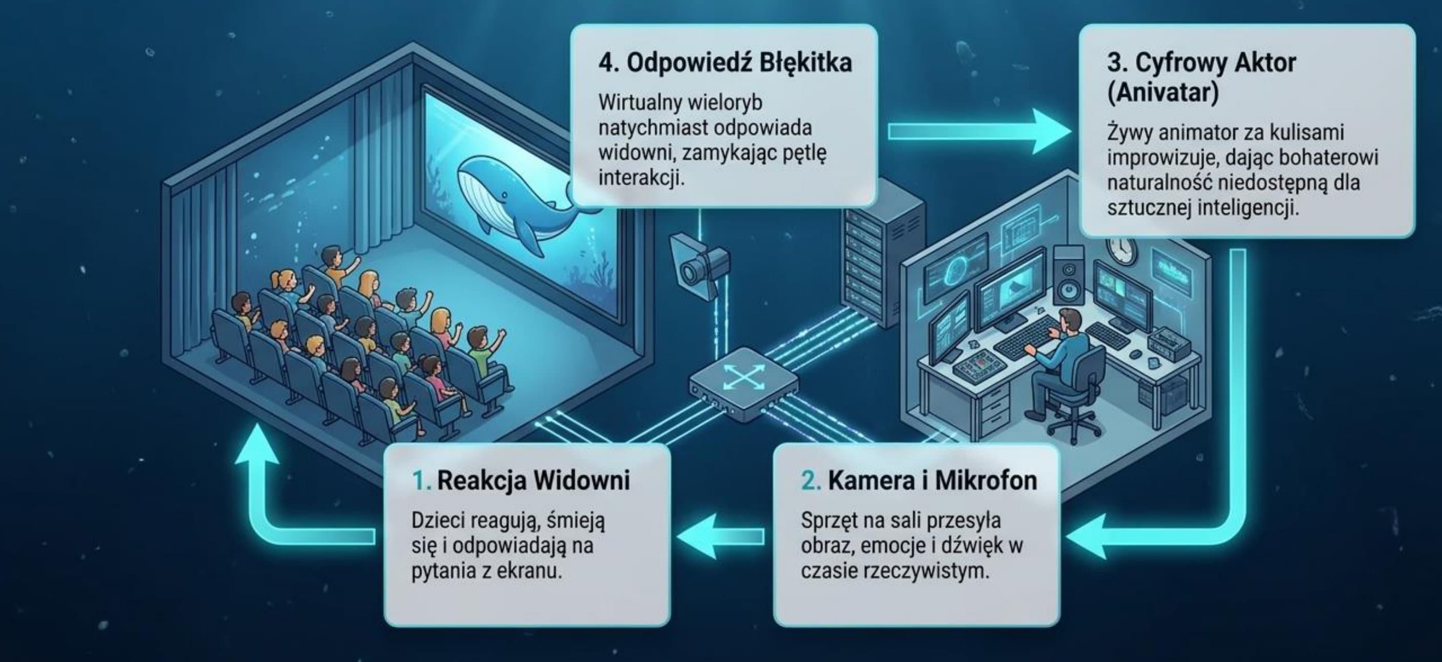 Jak działa Anivatar: reakcja widowni, kamera i mikrofon, cyfrowy aktor za kulisami, odpowiedź Błękitka na ekranie